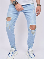 Slim Fit Ripped Jeans Mens Casual Street Style High Stretch Denim Pants