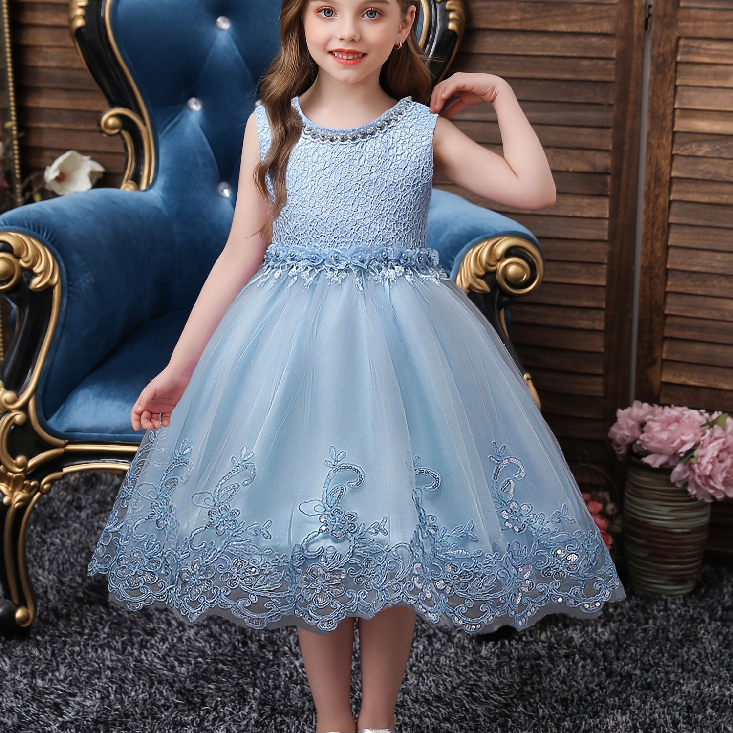 Girls Princess Dress Sleeveless Flower Embroidery Lace Mesh Tutu Dress