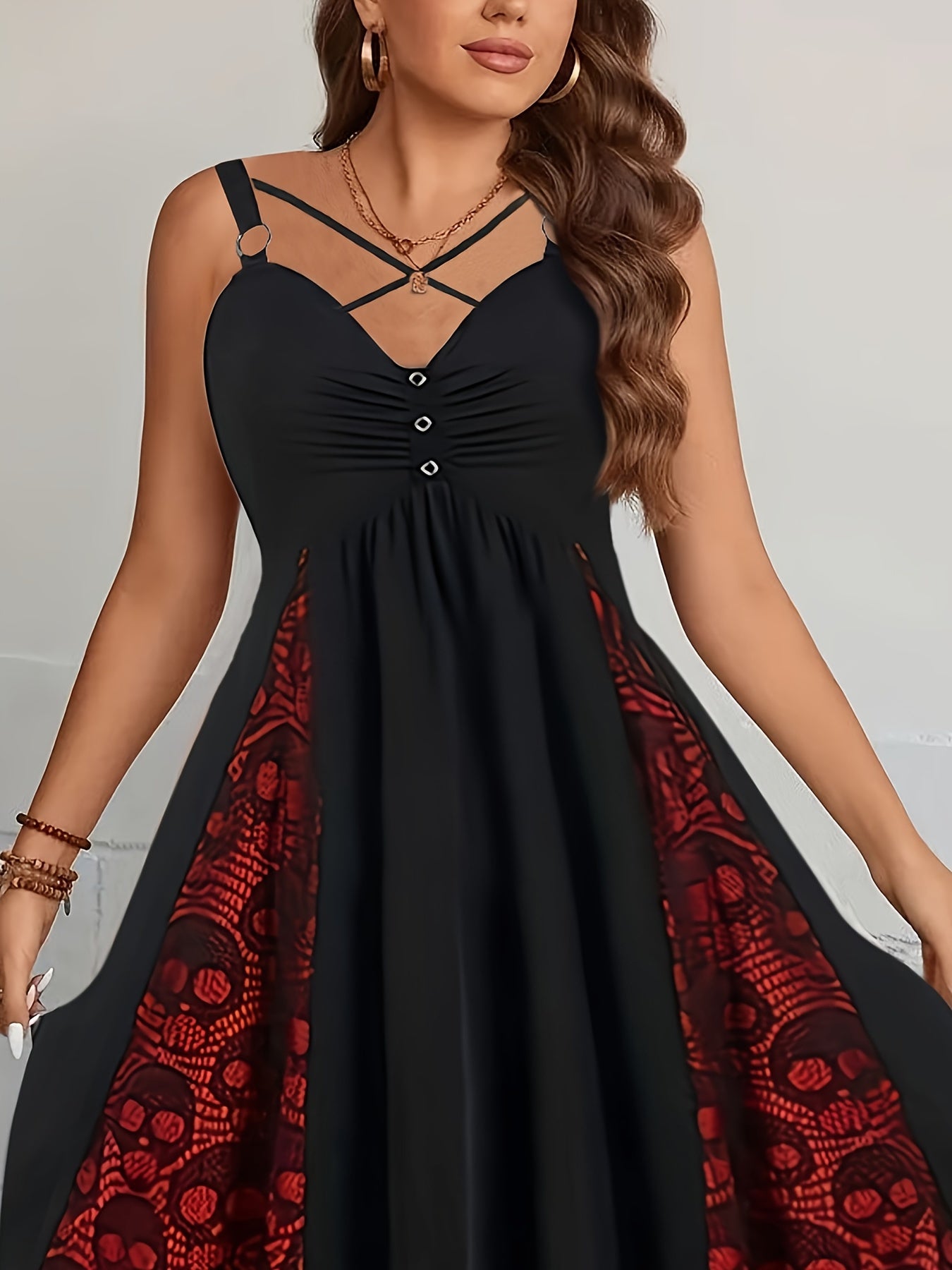 Goth Cami Dress Women's Plus Skull Print Colorblock Ring Decor V Neck