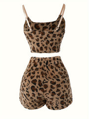 Leopard Fuzzy Pajama Set Cami Top & Shorts Sleepwear