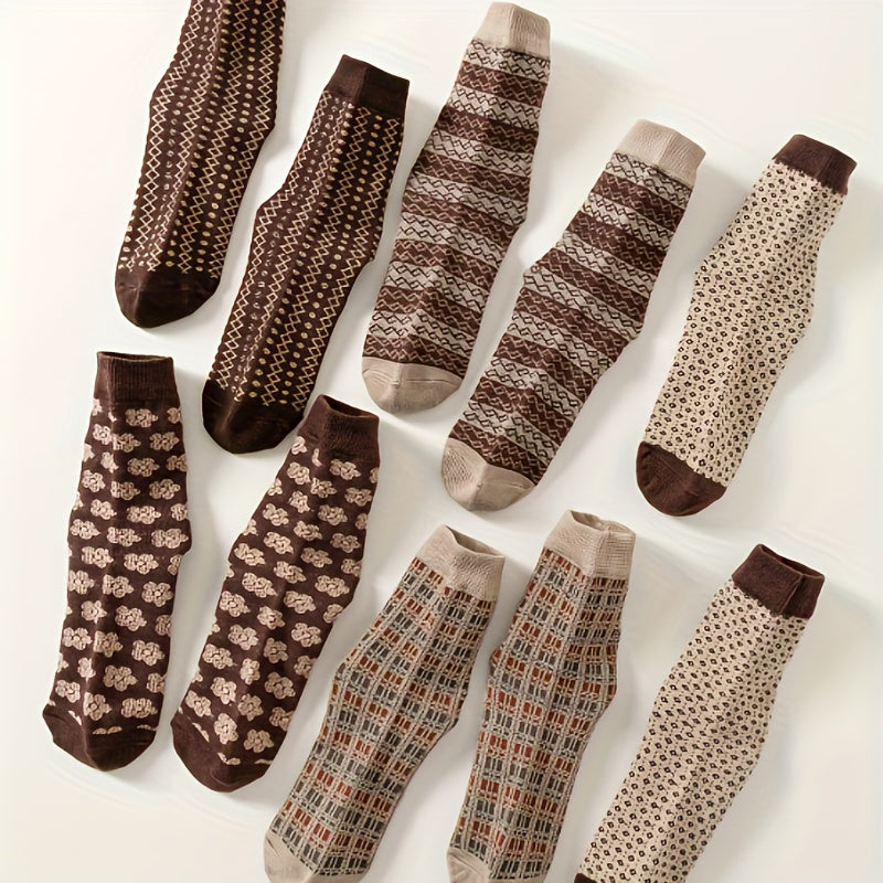 5 Pairs Floral & Plaid Print Socks Women's Mid Tube Stockings