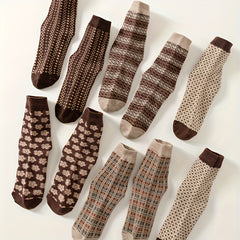 5 Pairs Floral & Plaid Print Socks Women's Mid Tube Stockings