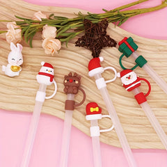 6pcs Christmas Straw Cap Reusable Silicone Straw Cover Cartoon Party Cup Decor