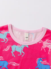 Unicorn Print Kid's Pajamas T shirt & Pants Set, Comfy PJ Set Girl's Lounge