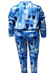 Women's Plus Denim Print Top & Pants Two Piece Set