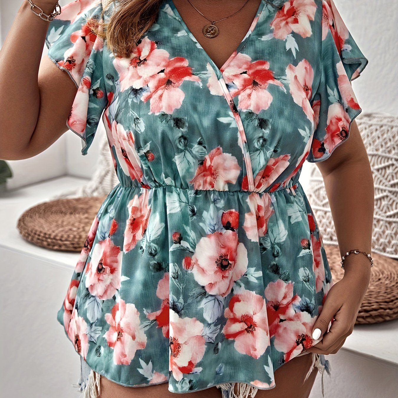 Vacay Blouse Women's Plus Ruffle Sleeve Peplum Blouse