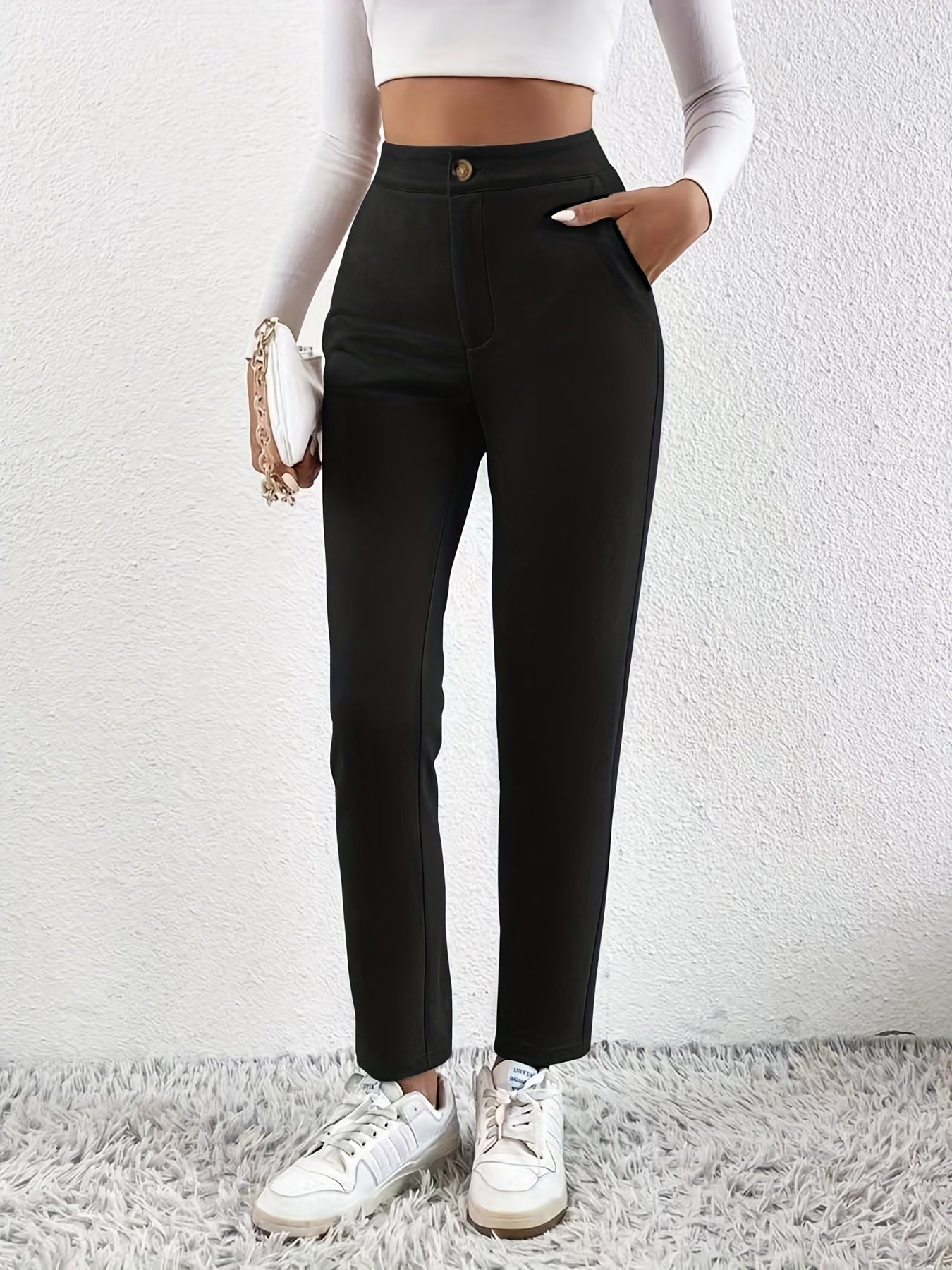Solid High Waist Pants Casual Long Length Work Office Pants Women's Clothing