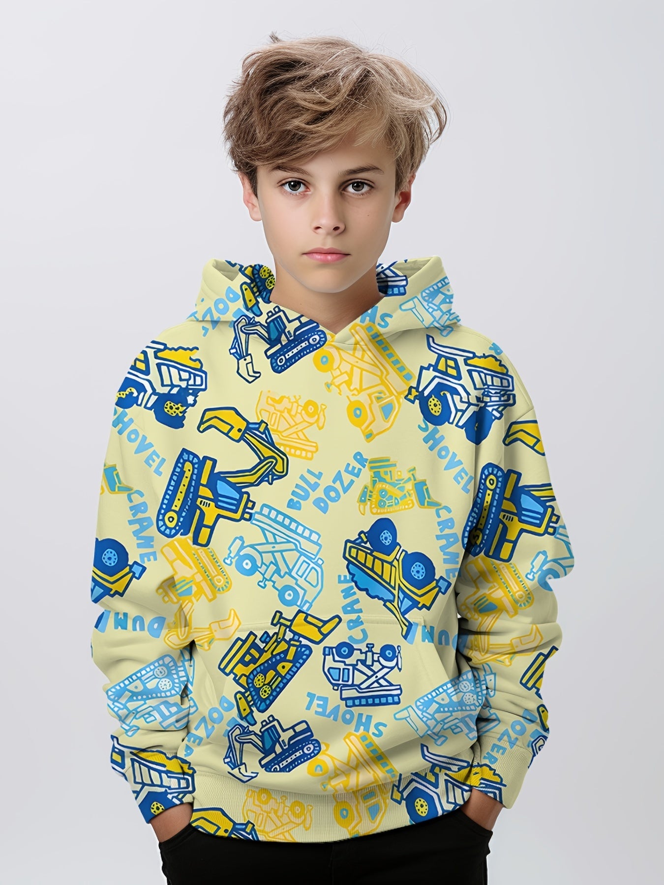 Cartoon Construction Cars Boys Hooded Sweatshirt