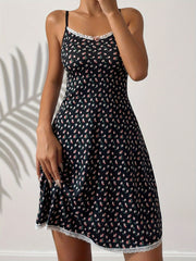 Floral Print Slip Nightdress Crew Neck Lace Trim Sleep Dress