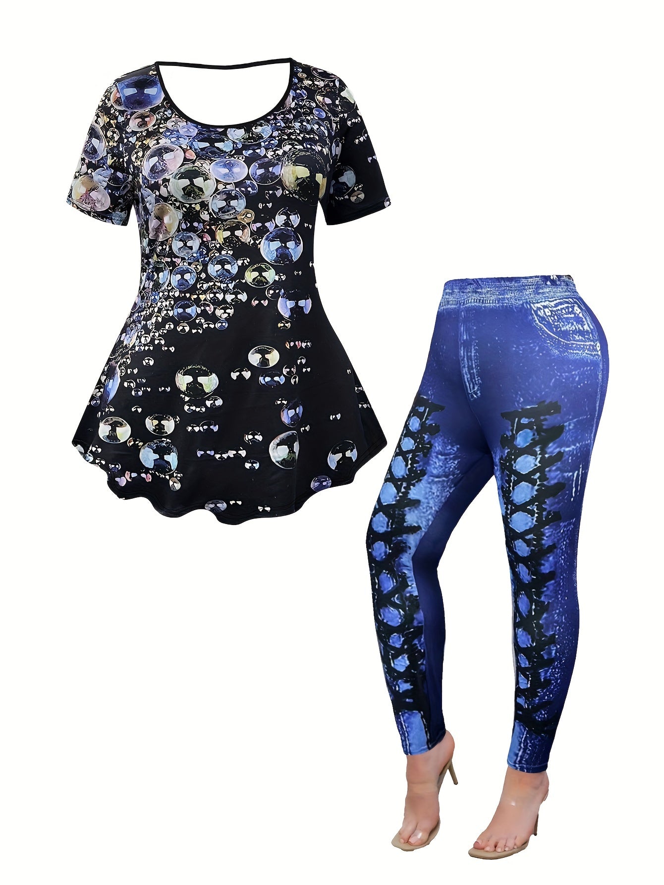 Women's Plus Bubble Print Peplum Top & Denim Print Leggings Set