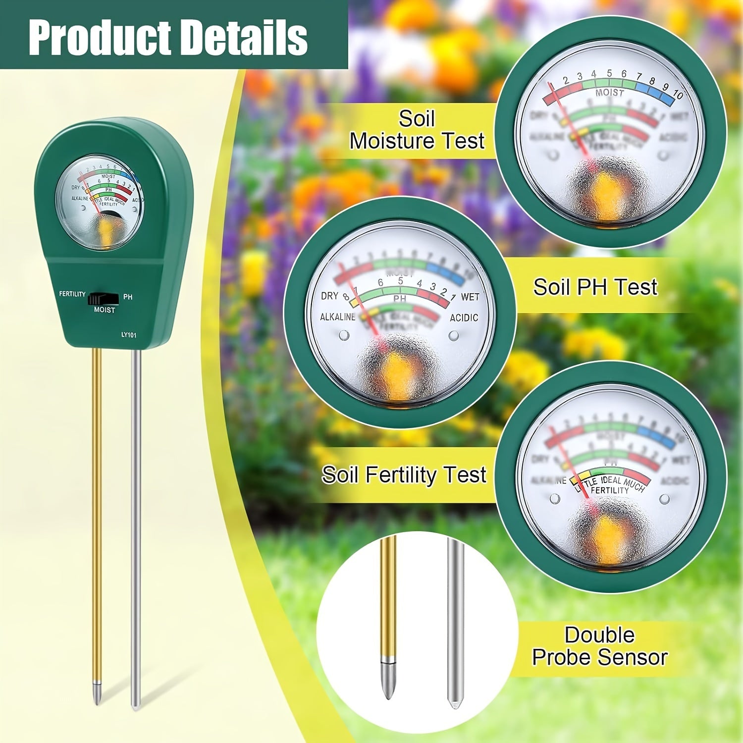 3-in-1 Soil Tester: Moisture, Health, pH Meter for Plants