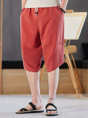 Men's Cotton Solid Shorts Casual Elastic Waist Drawstring