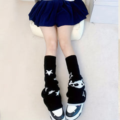 Heart & Skull Pattern Knit Leg Warmers Colorblock Knee High Socks
