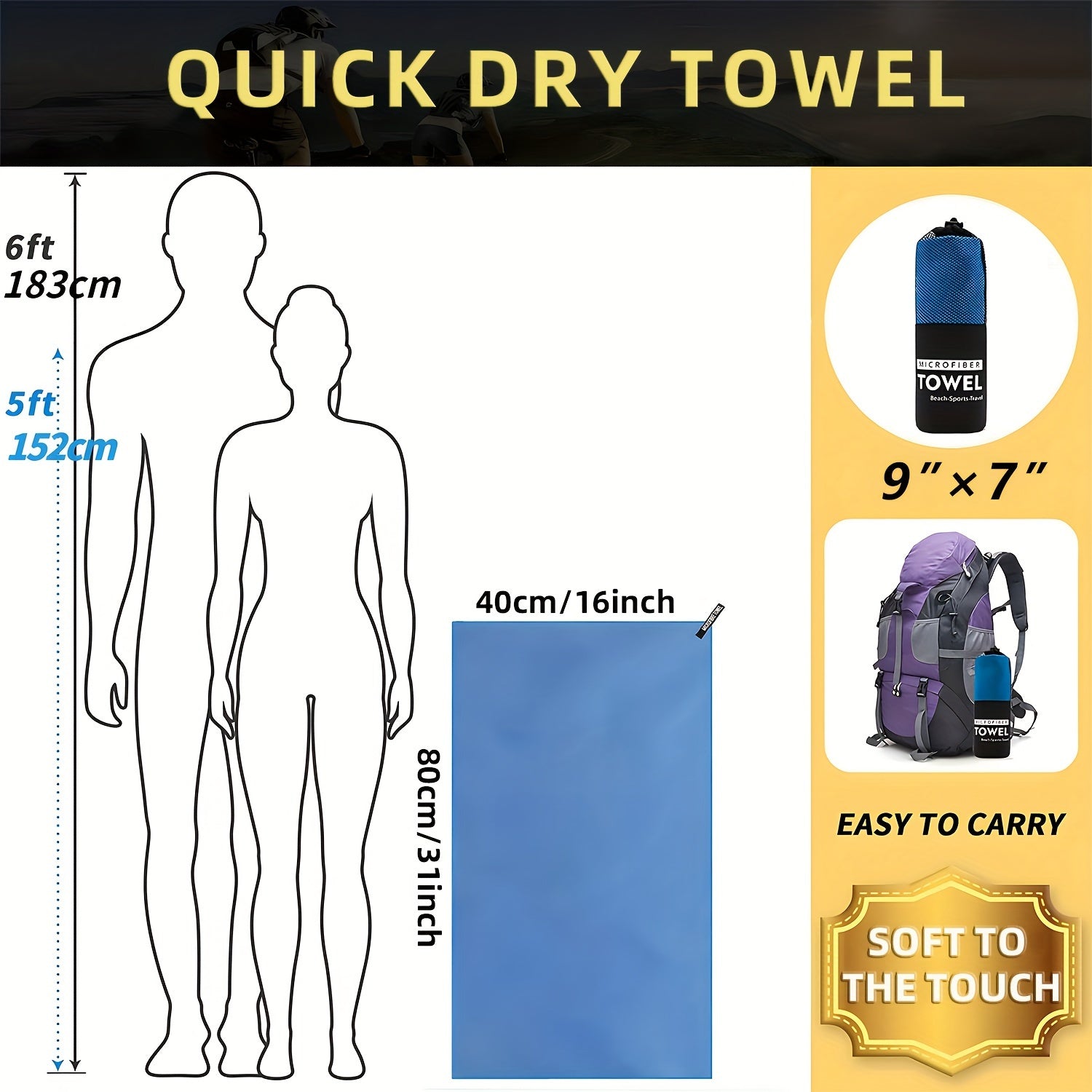 Microfibre Towel Compact Lightweight Fast Drying Travel Sports Gym