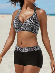 Geometric Print V Neck Halter Bikini Set Tie Back Neck 2 Piece Bathing Suit Swim