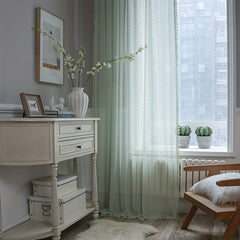 Green Translucent Curtain Rural Hollow Boho Macrame Tassels Window Drapes