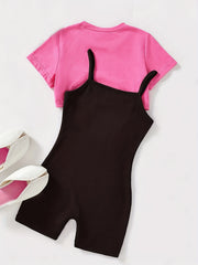 Girls 2 Piece Outfits Short Sleeve Crop Top Cami Shorts Romper for Vacation