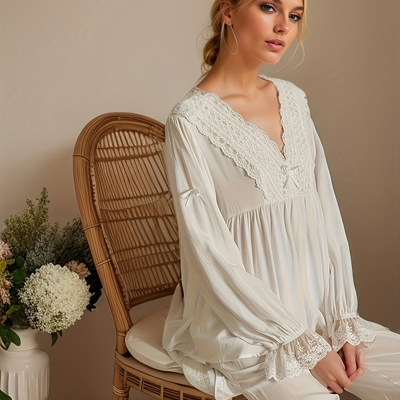 Lace Trim Pajama Set Long Sleeve V Neck Top Comfy Pants Women's Sleepwear