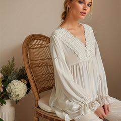 Lace Trim Pajama Set Long Sleeve V Neck Top Comfy Pants Women's Sleepwear