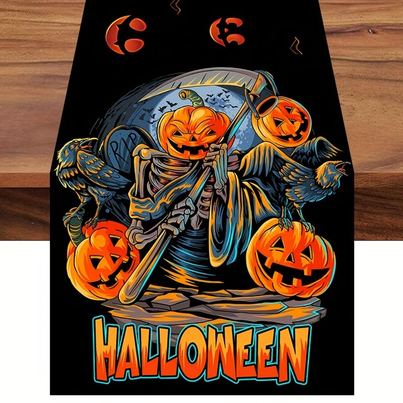 Halloween Theme Table Runner Pumpkin Skull Pattern Polyester Plaid Table Cover