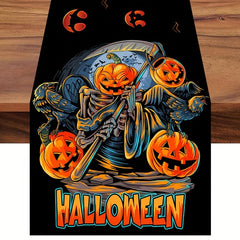 Halloween Theme Table Runner Pumpkin Skull Pattern Polyester Plaid Table Cover