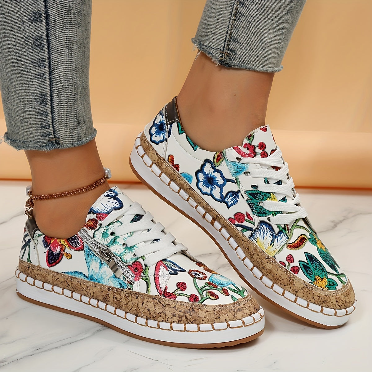 Floral Print Slip On Sneakers for Women Zipper Detail Outdoor Shoes