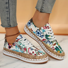 Floral Print Slip On Sneakers for Women Zipper Detail Outdoor Shoes