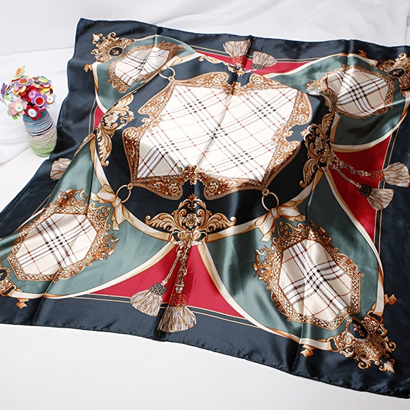 Vintage Silk Square Scarf Horse Group Edge Large Shawl Women Headwrap