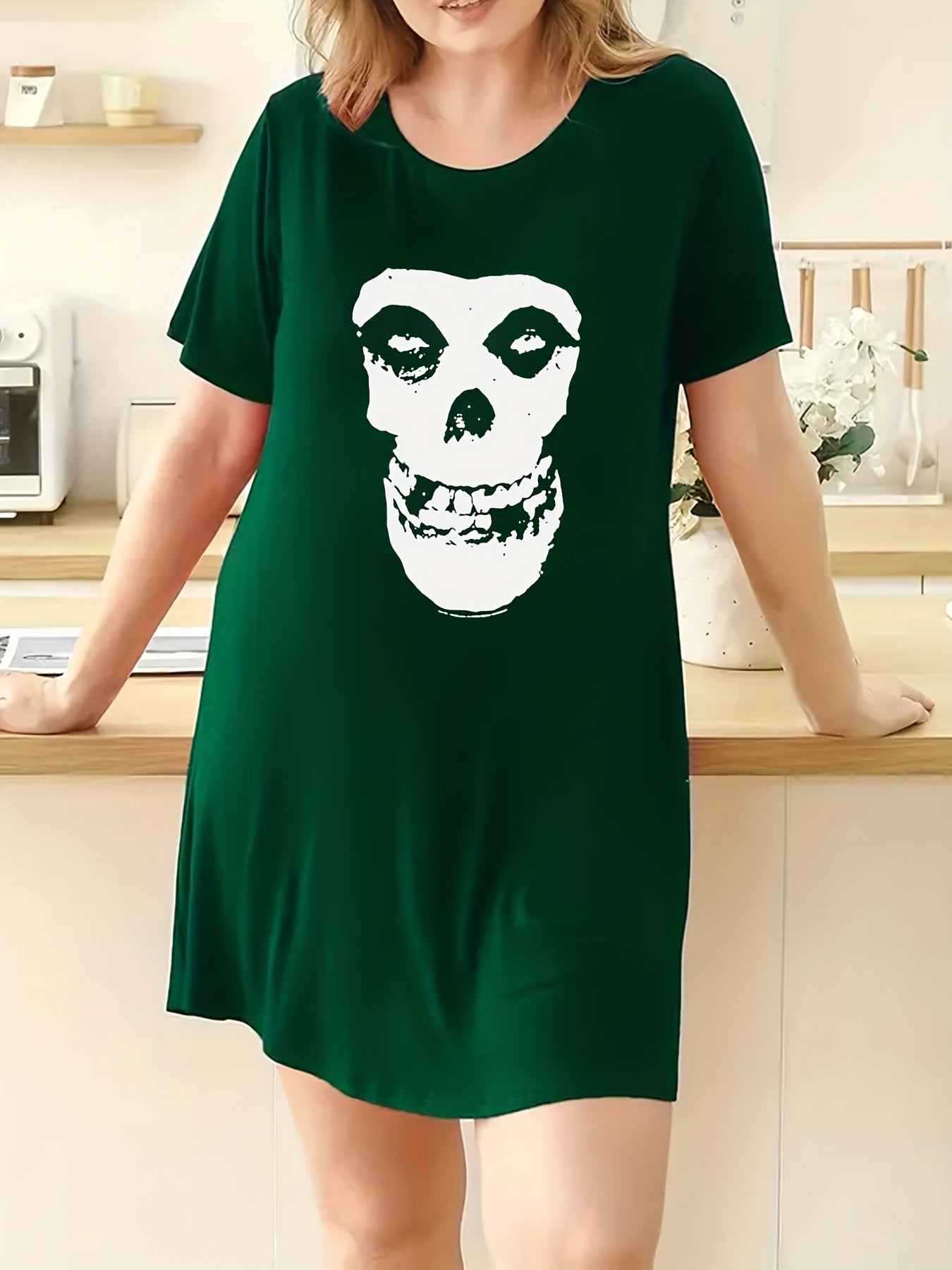 Skull Print Short Sleeve Round Neck Tee Sleep Dress
