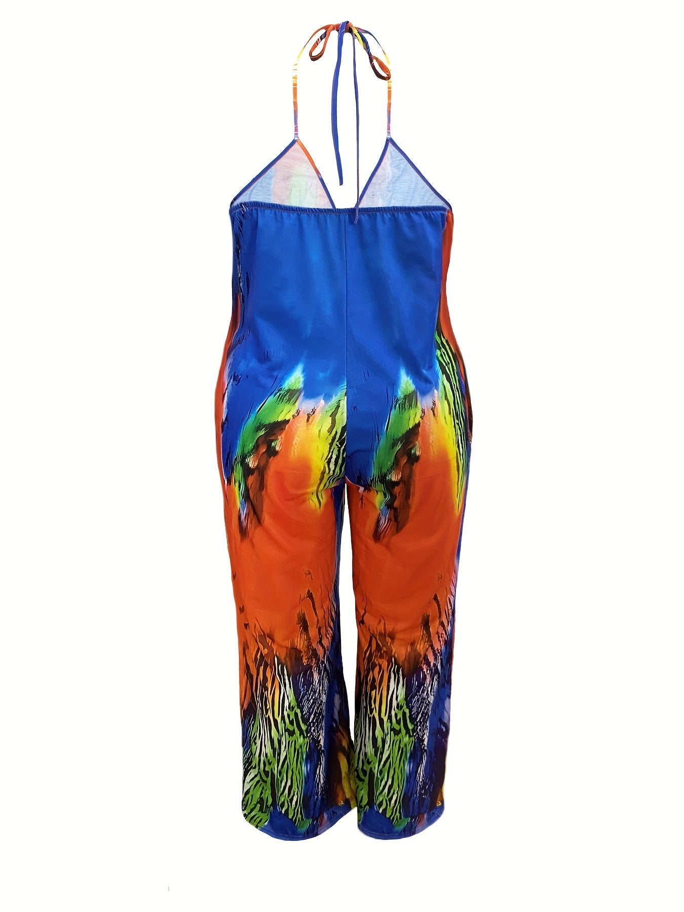 V neck Print Tie Dye Bandage Backless Jumpsuit