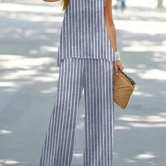 Stripe Print Two piece Set Crew Neck Tank Top & Wide Leg Pants