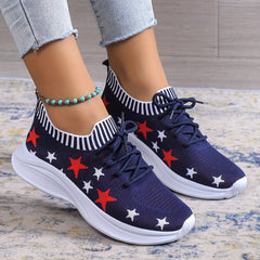 Women's Stars Pattern Flat Sneakers Lace Up Low Light Shoes