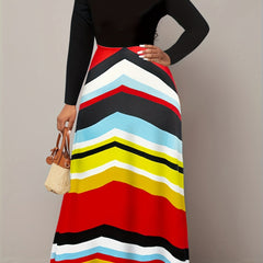 Colorblock Stripe Maxi Dress Long Sleeve Round Neck