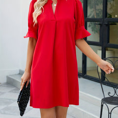 Pleated Puff Sleeve Notched Neck Summer Dress