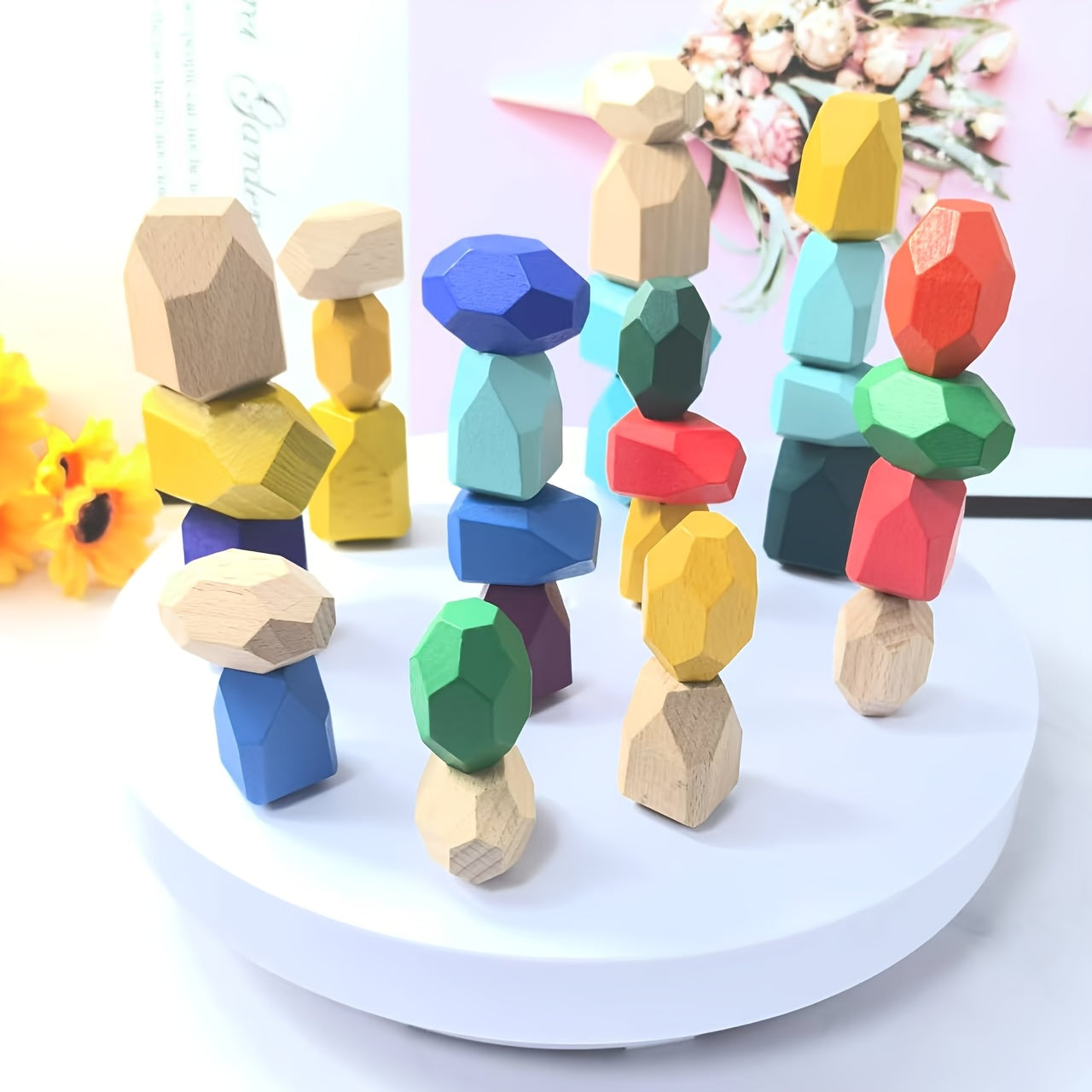 Colorful Wooden Stacked Stone Balance Toy for Kids