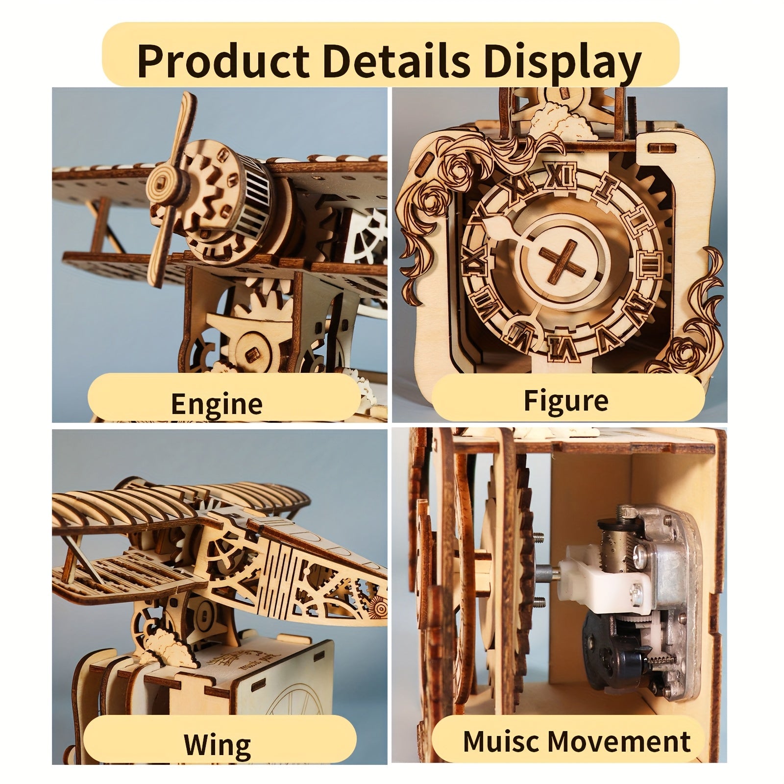 Vintage Style Wooden Airplane Music Box