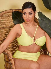 One Shoulder Cut Out Solid Bikini Set Women's Plus Swimsuit
