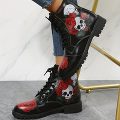 Women's Rose & Skull Print Short Boots Lace Up Ankle Boots