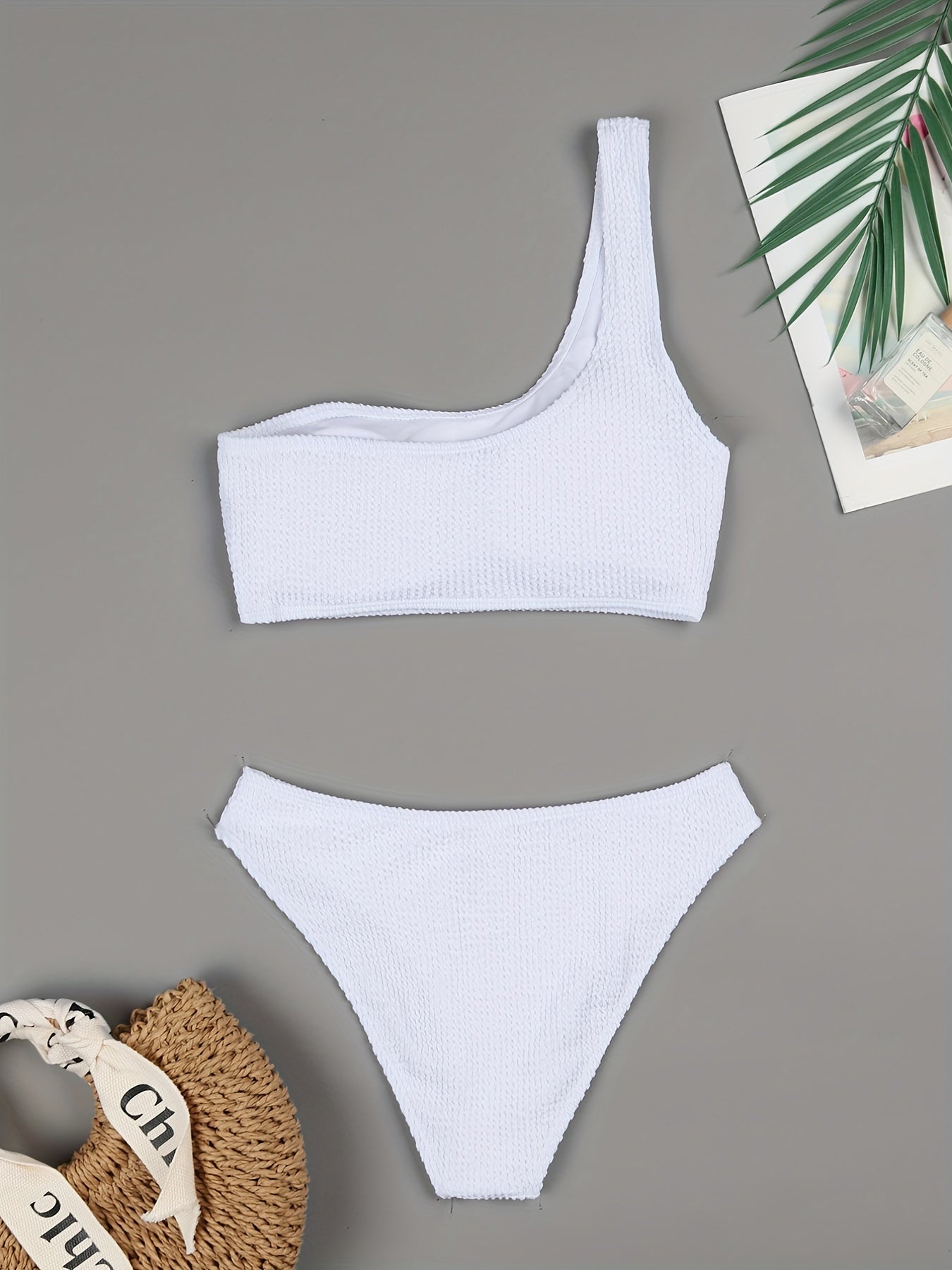 One Shoulder Solid 2 Piece Set Bikini Asymmetric Ruched Swimsuit