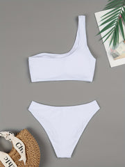 One Shoulder Solid 2 Piece Set Bikini Asymmetric Ruched Swimsuit