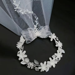 Bridal Veil Lace Bow Faux Pearl Accents for Weddings