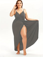 Solid Surplice Neck Maxi Wrap Dress