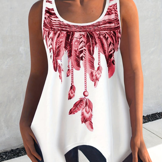Feather Print Tank Top Round Neck Medium Stretch