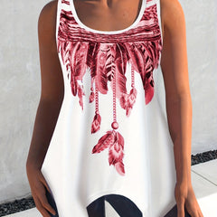 Feather Print Tank Top Round Neck Medium Stretch