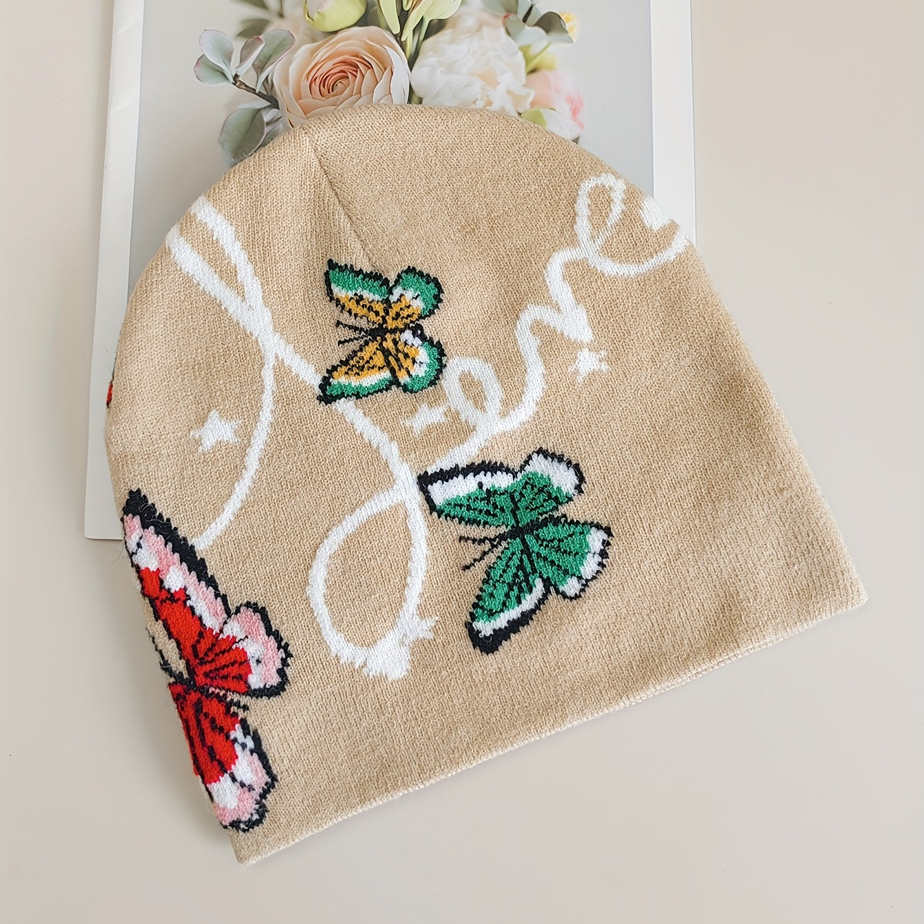Butterfly Jacquard Beanie Khaki Soft Elastic Knit Hats For Women