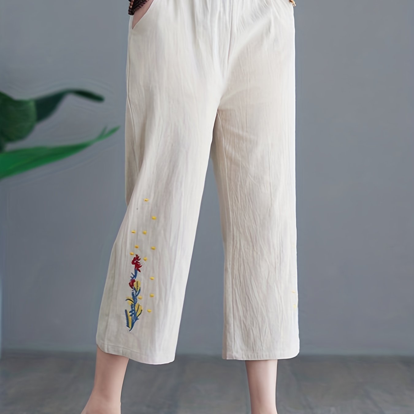 Floral Embroidered Wide Leg Pants High Waist Cropped