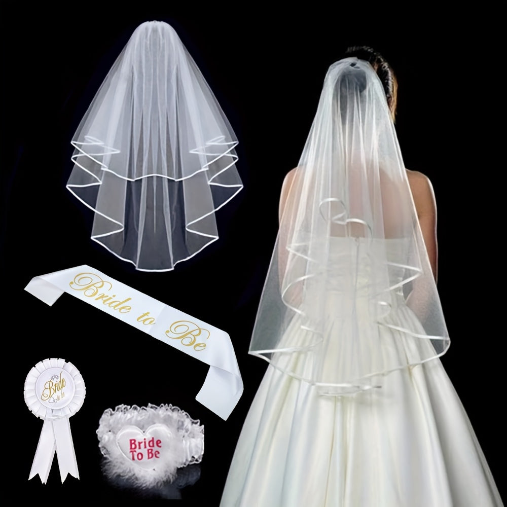 4pcs Bridal Veil Set with Golden Embroidery & Accessories