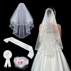 4pcs Bridal Veil Set with Golden Embroidery & Accessories
