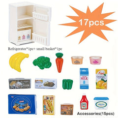 17pcs Mini Fridge Toy Simulated Food Set Dollhouse Kitchen Role Play