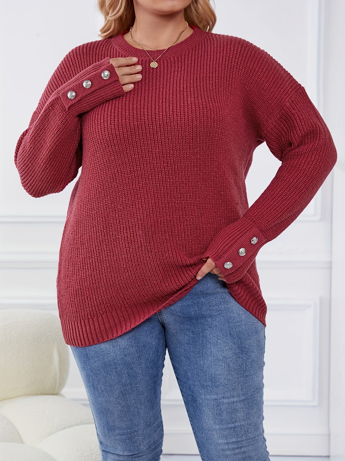 Casual Sweater Women's Button Long Sleeve Round Neck Jumper